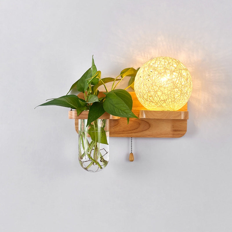 Sphere Shaped Bedside Sconce Lighting Rattan 1-Light Modern Wall Light Fixture with Pull Chain in Wood Beige Right Clearhalo 'Industrial wall lights' 'Industrial' 'Middle century wall lights' 'Tiffany' 'Wall Lamps & Sconces' 'Wall Lights' Lighting' 2063534