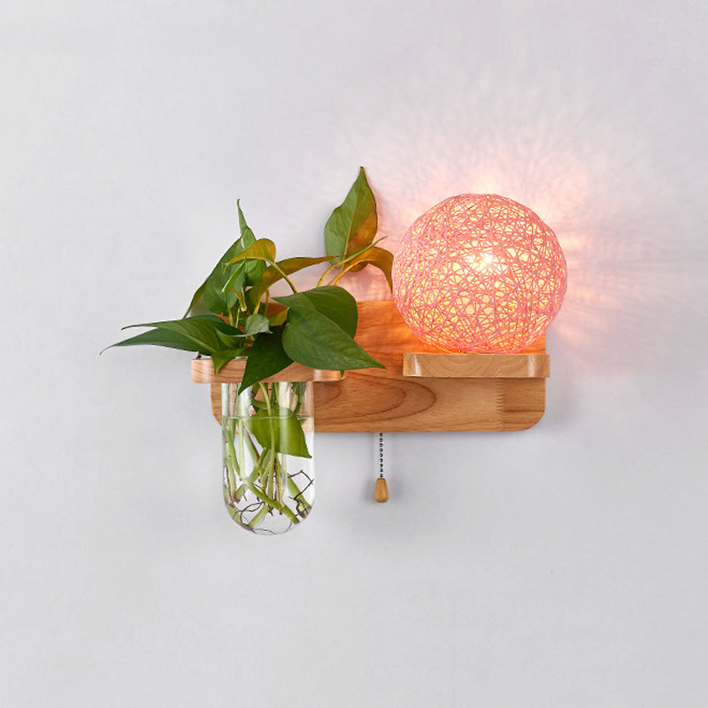 Sphere Shaped Bedside Sconce Lighting Rattan 1-Light Modern Wall Light Fixture with Pull Chain in Wood Pink Right Clearhalo 'Industrial wall lights' 'Industrial' 'Middle century wall lights' 'Tiffany' 'Wall Lamps & Sconces' 'Wall Lights' Lighting' 2063535