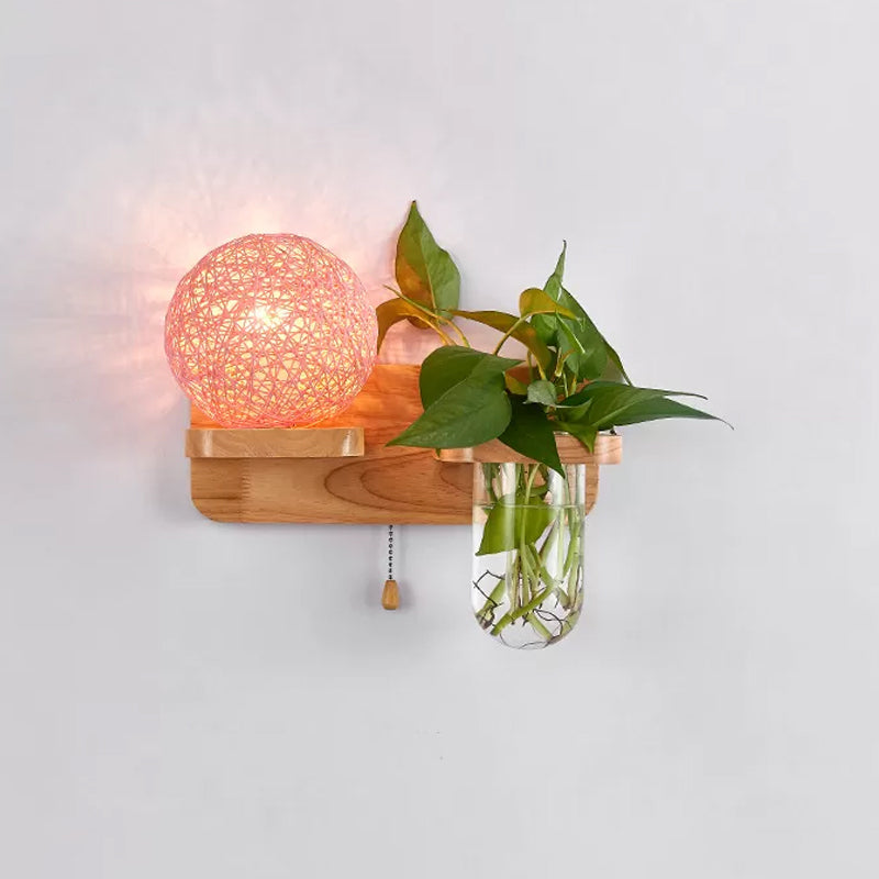 Sphere Shaped Bedside Sconce Lighting Rattan 1-Light Modern Wall Light Fixture with Pull Chain in Wood Pink Left Clearhalo 'Industrial wall lights' 'Industrial' 'Middle century wall lights' 'Tiffany' 'Wall Lamps & Sconces' 'Wall Lights' Lighting' 2063536