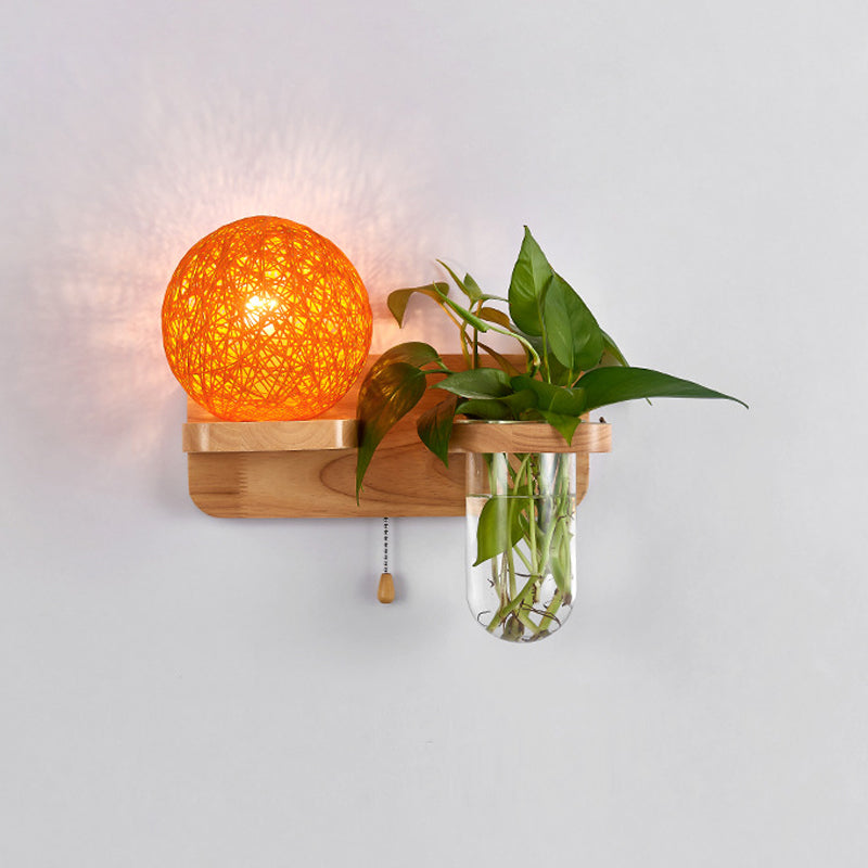 Sphere Shaped Bedside Sconce Lighting Rattan 1-Light Modern Wall Light Fixture with Pull Chain in Wood Yellow-Red Left Clearhalo 'Industrial wall lights' 'Industrial' 'Middle century wall lights' 'Tiffany' 'Wall Lamps & Sconces' 'Wall Lights' Lighting' 2063537