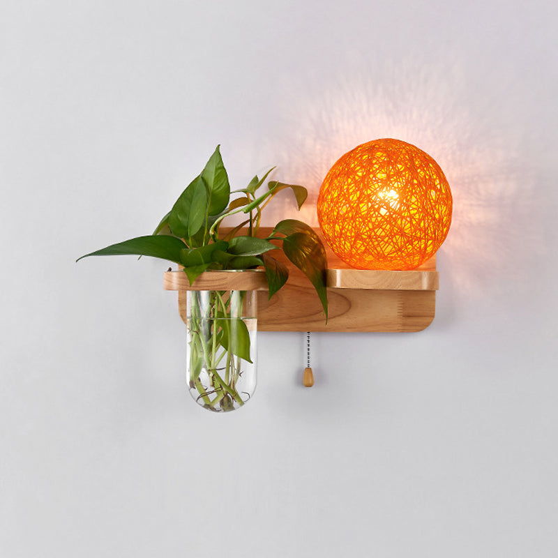Sphere Shaped Bedside Sconce Lighting Rattan 1-Light Modern Wall Light Fixture with Pull Chain in Wood Yellow-Red Right Clearhalo 'Industrial wall lights' 'Industrial' 'Middle century wall lights' 'Tiffany' 'Wall Lamps & Sconces' 'Wall Lights' Lighting' 2063538