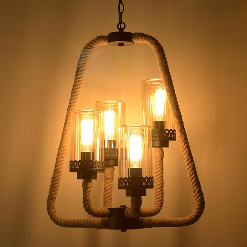 Beige 4 Lights Pendant Chandelier Traditional Rope and Glass Cylinder Hanging Light Beige Clearhalo 'Ceiling Lights' 'Chandeliers' 'Glass shade' 'Glass' Lighting' 206354