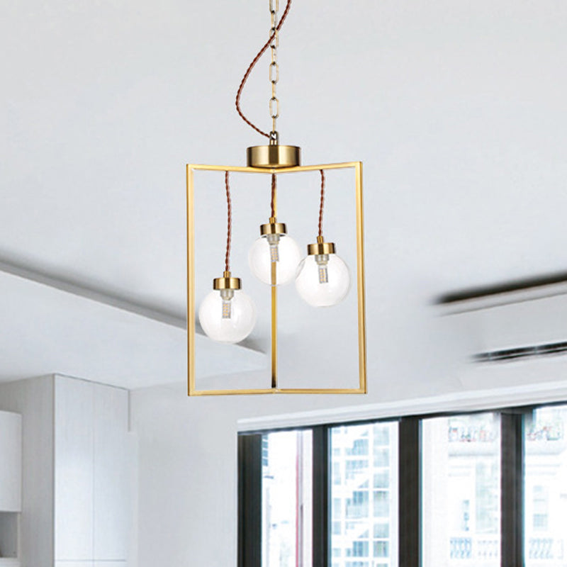 Brass 3/4 Lights Chandelier Light Fixture Traditional Clear Glass and Metal Rectangle Pendant Lamp 3 Brass Clearhalo 'Ceiling Lights' 'Chandeliers' 'Glass shade' 'Glass' Lighting' 206355