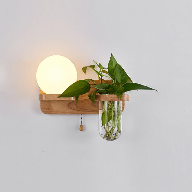 Geometric Pull Chain Wall Sconce Simplicity White Glass Single Corridor Wall Mounted Light in Wood White Globe Left Clearhalo 'Industrial wall lights' 'Industrial' 'Middle century wall lights' 'Tiffany' 'Wall Lamps & Sconces' 'Wall Lights' Lighting' 2063550