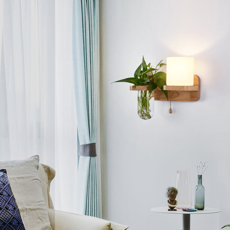 Geometric Pull Chain Wall Sconce Simplicity White Glass Single Corridor Wall Mounted Light in Wood White Barrel Right Clearhalo 'Industrial wall lights' 'Industrial' 'Middle century wall lights' 'Tiffany' 'Wall Lamps & Sconces' 'Wall Lights' Lighting' 2063551