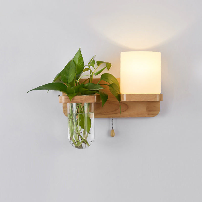 Geometric Pull Chain Wall Sconce Simplicity White Glass Single Corridor Wall Mounted Light in Wood Clearhalo 'Industrial wall lights' 'Industrial' 'Middle century wall lights' 'Tiffany' 'Wall Lamps & Sconces' 'Wall Lights' Lighting' 2063552
