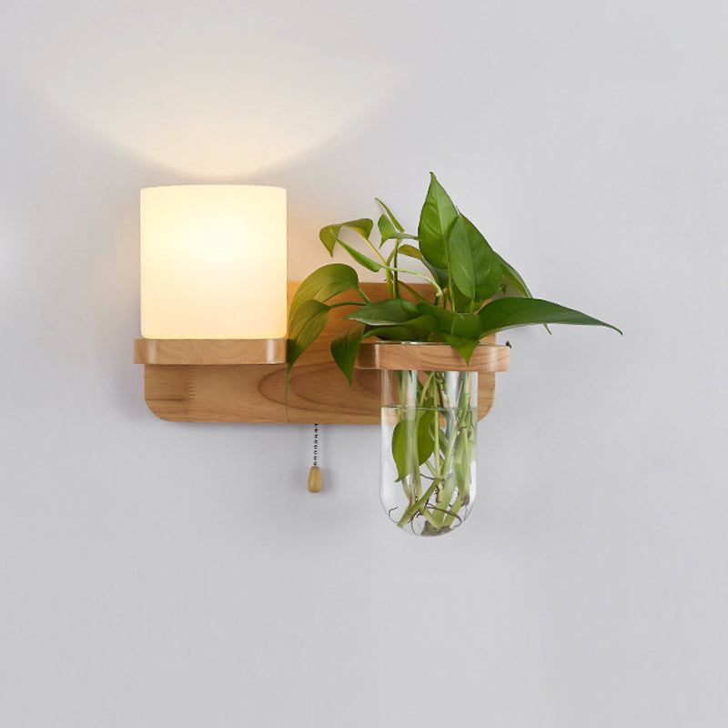 Geometric Pull Chain Wall Sconce Simplicity White Glass Single Corridor Wall Mounted Light in Wood White Barrel Left Clearhalo 'Industrial wall lights' 'Industrial' 'Middle century wall lights' 'Tiffany' 'Wall Lamps & Sconces' 'Wall Lights' Lighting' 2063553