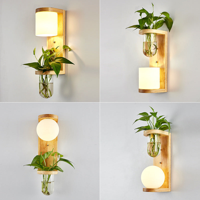White Glass Geometrical Wall Lighting Fixture Modern 1 Head Wood Wall Sconce Lamp for Bedside Clearhalo 'Industrial wall lights' 'Industrial' 'Middle century wall lights' 'Tiffany' 'Wall Lamps & Sconces' 'Wall Lights' Lighting' 2063555