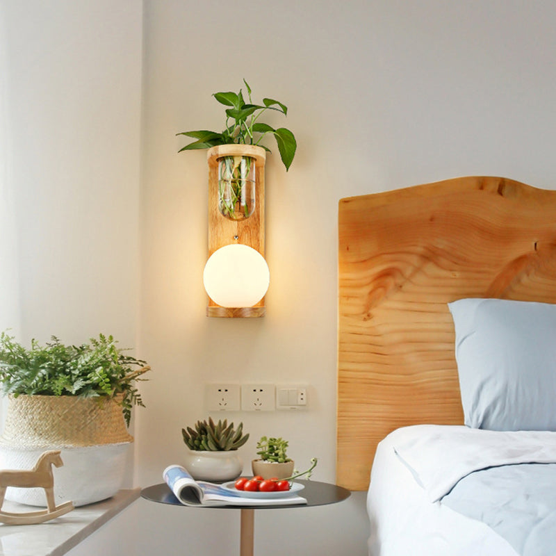 White Glass Geometrical Wall Lighting Fixture Modern 1 Head Wood Wall Sconce Lamp for Bedside Clearhalo 'Industrial wall lights' 'Industrial' 'Middle century wall lights' 'Tiffany' 'Wall Lamps & Sconces' 'Wall Lights' Lighting' 2063557