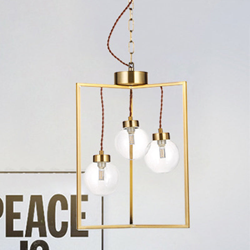 Brass 3/4 Lights Chandelier Light Fixture Traditional Clear Glass and Metal Rectangle Pendant Lamp Clearhalo 'Ceiling Lights' 'Chandeliers' 'Glass shade' 'Glass' Lighting' 206356