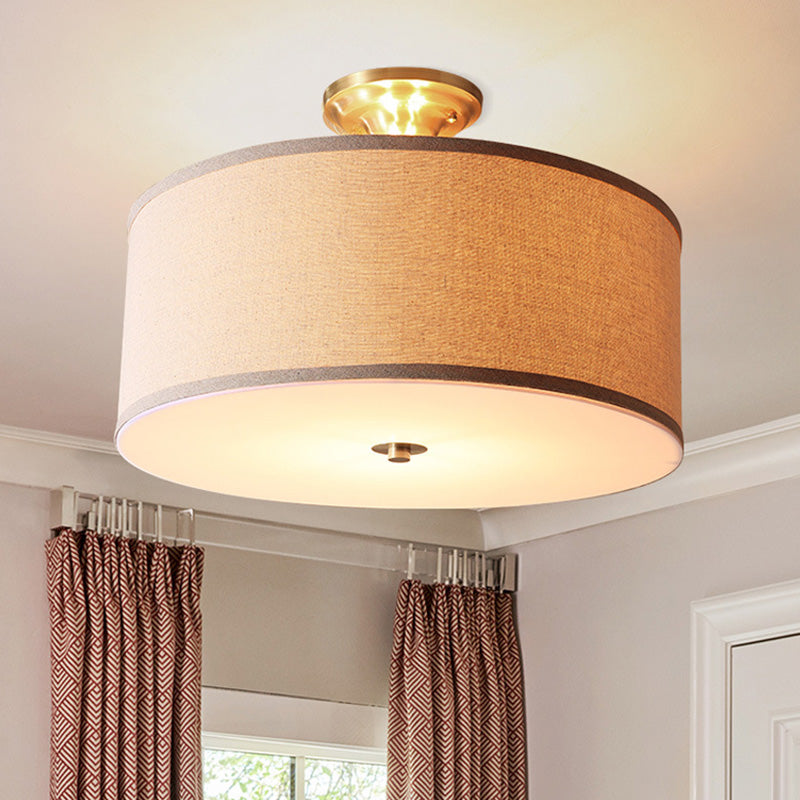 Traditional Drum Shaped Semi Flush Mount Fabric Flush Ceiling Light Fixture in Beige Clearhalo 'Ceiling Lights' 'Close To Ceiling Lights' 'Close to ceiling' 'Semi-flushmount' Lighting' 2063575