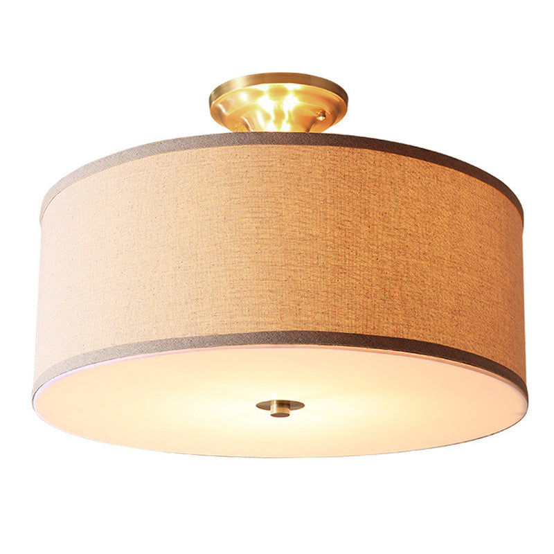 Traditional Drum Shaped Semi Flush Mount Fabric Flush Ceiling Light Fixture in Beige Clearhalo 'Ceiling Lights' 'Close To Ceiling Lights' 'Close to ceiling' 'Semi-flushmount' Lighting' 2063578