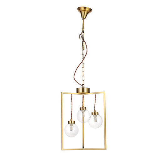 Brass 3/4 Lights Chandelier Light Fixture Traditional Clear Glass and Metal Rectangle Pendant Lamp Clearhalo 'Ceiling Lights' 'Chandeliers' 'Glass shade' 'Glass' Lighting' 206357