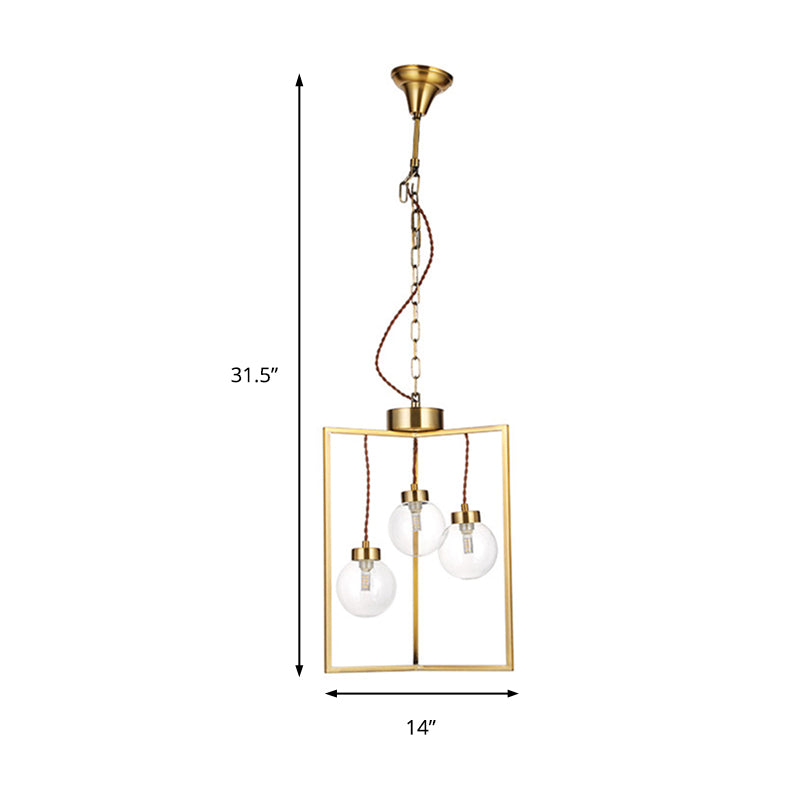 Brass 3/4 Lights Chandelier Light Fixture Traditional Clear Glass and Metal Rectangle Pendant Lamp Clearhalo 'Ceiling Lights' 'Chandeliers' 'Glass shade' 'Glass' Lighting' 206358