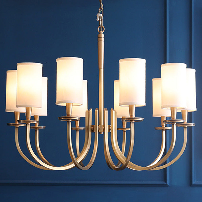 Curved Arm Metal Suspension Light Artistic Antique Brass Chandelier Light with Cylinder Fabric Shade 10 Antique Brass Clearhalo 'Ceiling Lights' 'Chandeliers' 'Modern Chandeliers' 'Modern' Lighting' 2063581