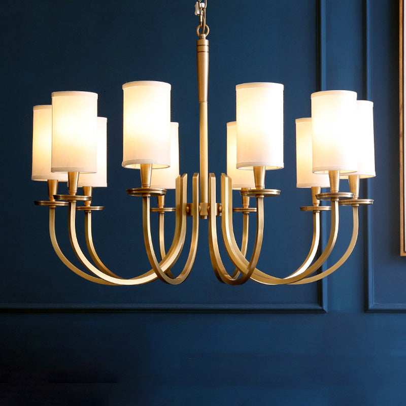 Curved Arm Metal Suspension Light Artistic Antique Brass Chandelier Light with Cylinder Fabric Shade Clearhalo 'Ceiling Lights' 'Chandeliers' 'Modern Chandeliers' 'Modern' Lighting' 2063582