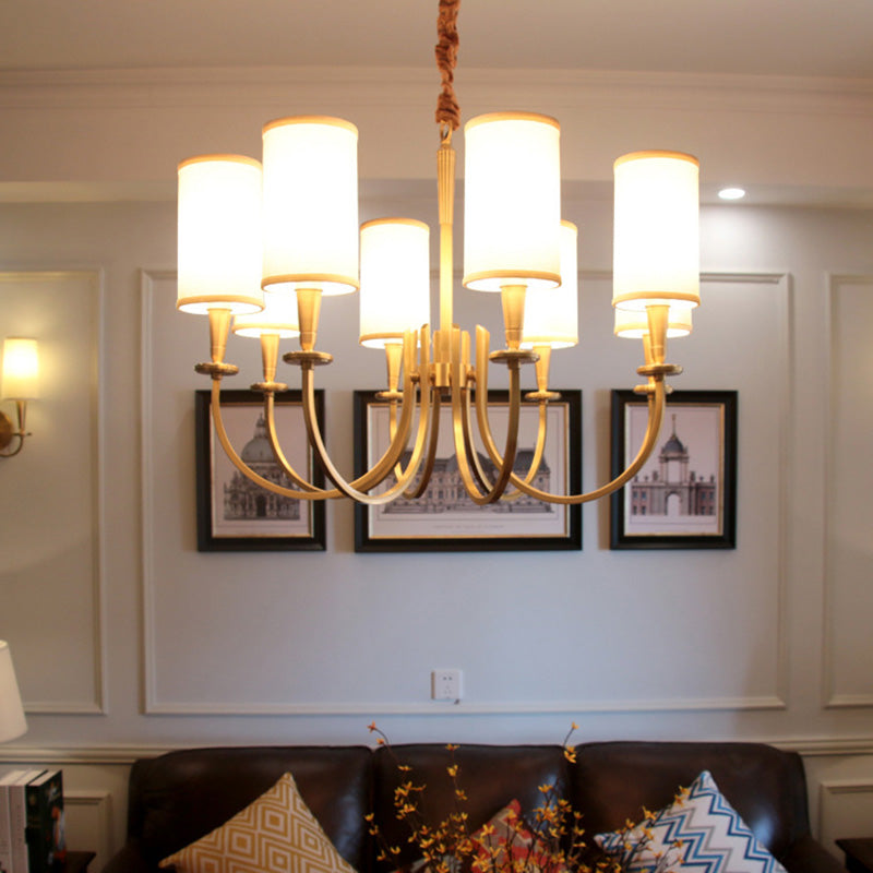 Curved Arm Metal Suspension Light Artistic Antique Brass Chandelier Light with Cylinder Fabric Shade 8 Antique Brass Clearhalo 'Ceiling Lights' 'Chandeliers' 'Modern Chandeliers' 'Modern' Lighting' 2063584