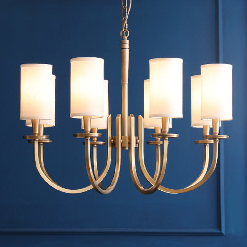Curved Arm Metal Suspension Light Artistic Antique Brass Chandelier Light with Cylinder Fabric Shade Clearhalo 'Ceiling Lights' 'Chandeliers' 'Modern Chandeliers' 'Modern' Lighting' 2063585