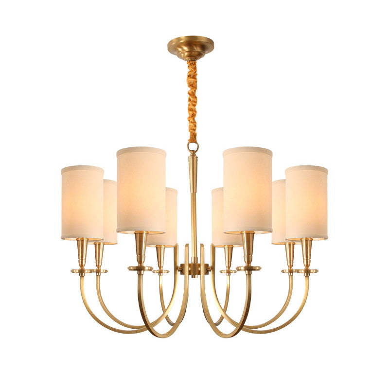 Curved Arm Metal Suspension Light Artistic Antique Brass Chandelier Light with Cylinder Fabric Shade Clearhalo 'Ceiling Lights' 'Chandeliers' 'Modern Chandeliers' 'Modern' Lighting' 2063586
