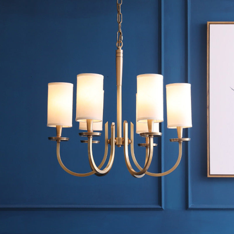 Curved Arm Metal Suspension Light Artistic Antique Brass Chandelier Light with Cylinder Fabric Shade Clearhalo 'Ceiling Lights' 'Chandeliers' 'Modern Chandeliers' 'Modern' Lighting' 2063588