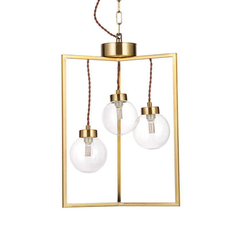 Brass 3/4 Lights Chandelier Light Fixture Traditional Clear Glass and Metal Rectangle Pendant Lamp Clearhalo 'Ceiling Lights' 'Chandeliers' 'Glass shade' 'Glass' Lighting' 206360