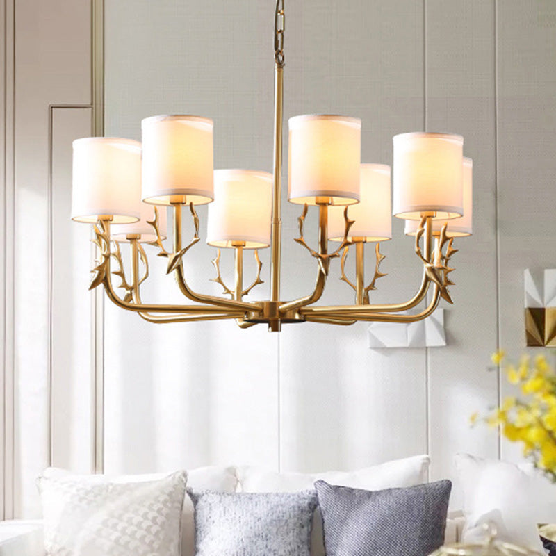Modern Cylinder Shaped Suspension Light Fabric Living Room Chandelier Light Fixture with Antler Decor 8 Gold Clearhalo 'Ceiling Lights' 'Chandeliers' 'Modern Chandeliers' 'Modern' Lighting' 2063617