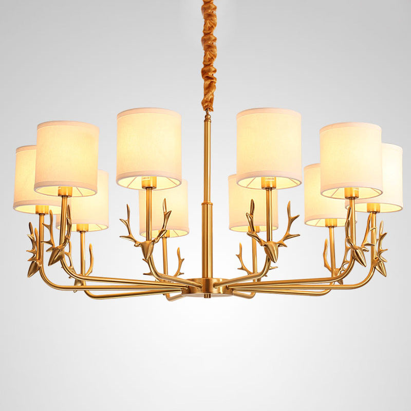 Modern Cylinder Shaped Suspension Light Fabric Living Room Chandelier Light Fixture with Antler Decor 10 Gold Clearhalo 'Ceiling Lights' 'Chandeliers' 'Modern Chandeliers' 'Modern' Lighting' 2063619