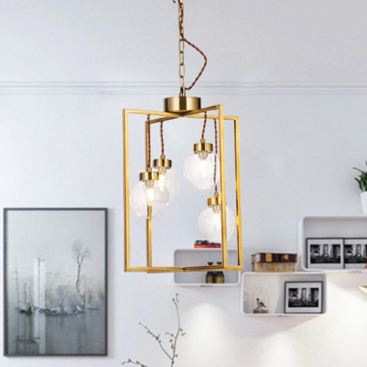 Brass 3/4 Lights Chandelier Light Fixture Traditional Clear Glass and Metal Rectangle Pendant Lamp 4 Brass Clearhalo 'Ceiling Lights' 'Chandeliers' 'Glass shade' 'Glass' Lighting' 206361