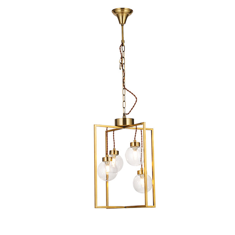 Brass 3/4 Lights Chandelier Light Fixture Traditional Clear Glass and Metal Rectangle Pendant Lamp Clearhalo 'Ceiling Lights' 'Chandeliers' 'Glass shade' 'Glass' Lighting' 206362