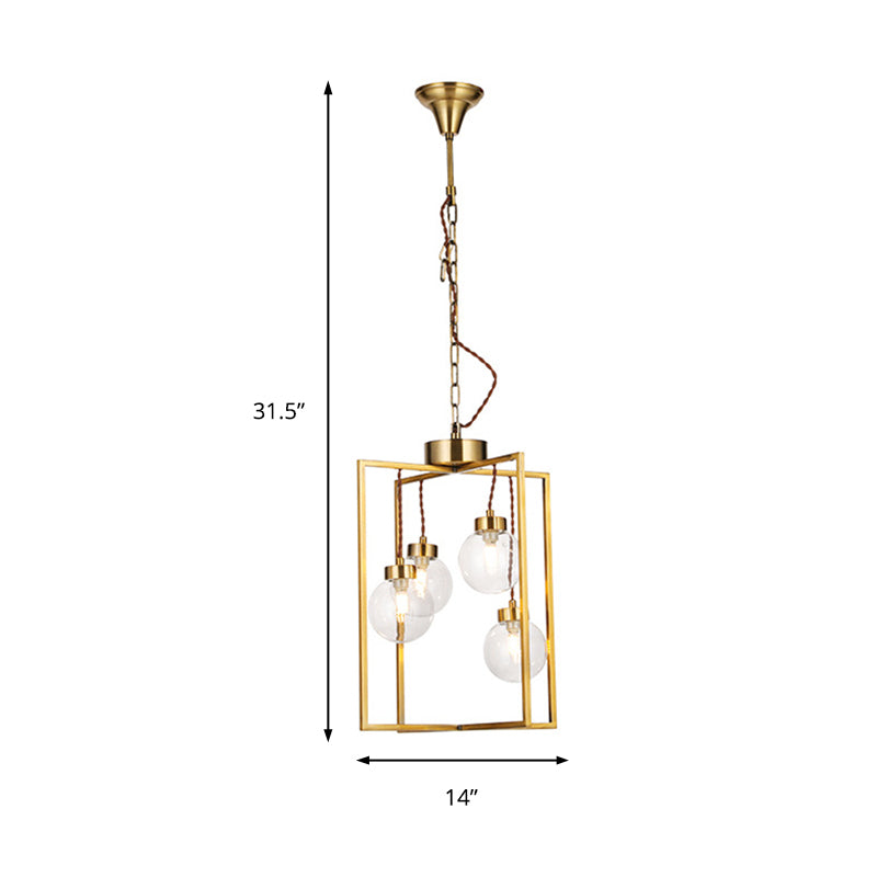 Brass 3/4 Lights Chandelier Light Fixture Traditional Clear Glass and Metal Rectangle Pendant Lamp Clearhalo 'Ceiling Lights' 'Chandeliers' 'Glass shade' 'Glass' Lighting' 206363