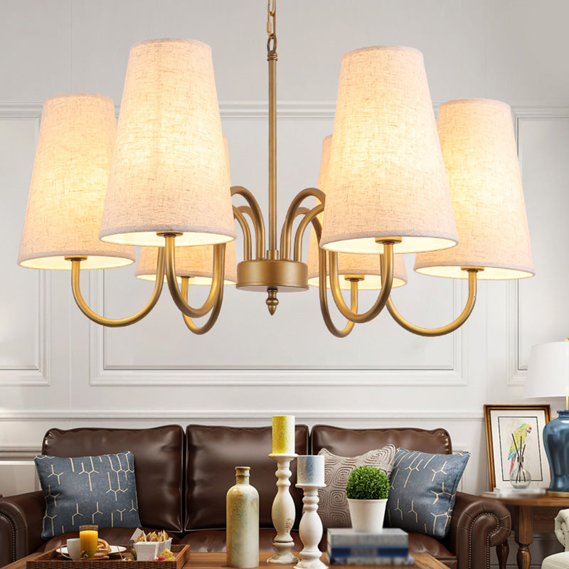Curvy Arm Living Room Suspension Light Metal 6 Bulbs Artistic Chandelier Light with Bucket Fabric Shade Flaxen Clearhalo 'Ceiling Lights' 'Chandeliers' 'Modern Chandeliers' 'Modern' Lighting' 2063641