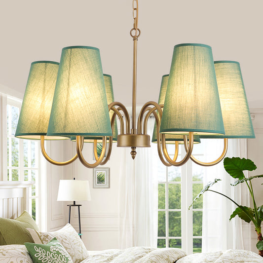 Curvy Arm Living Room Suspension Light Metal 6 Bulbs Artistic Chandelier Light with Bucket Fabric Shade Clearhalo 'Ceiling Lights' 'Chandeliers' 'Modern Chandeliers' 'Modern' Lighting' 2063644