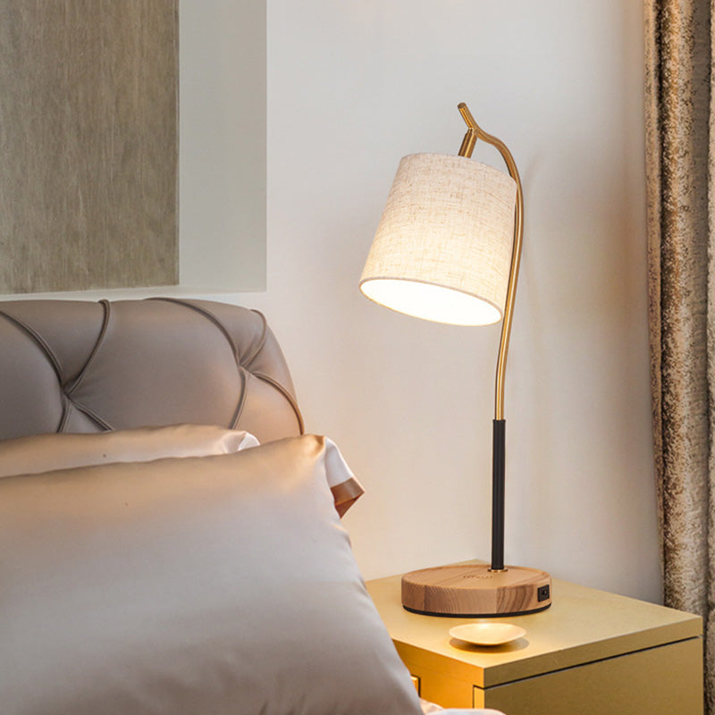 Barrel Shaped Bedside Nightstand Lamp Fabric 1 Bulb Simplicity Table Light with Gooseneck Arm Wood Clearhalo 'Lamps' 'Table Lamps' Lighting' 2063695