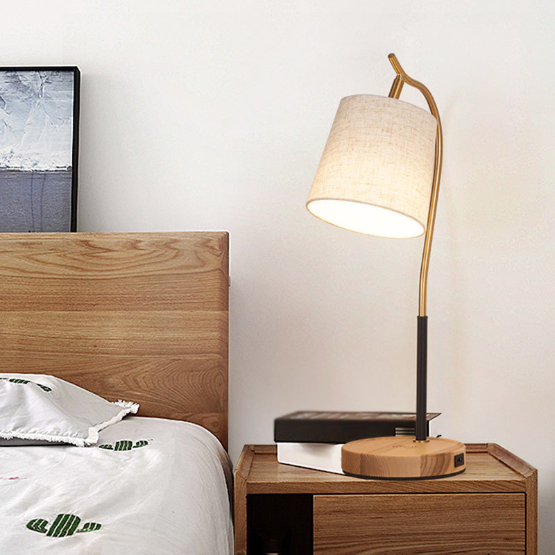Barrel Shaped Bedside Nightstand Lamp Fabric 1 Bulb Simplicity Table Light with Gooseneck Arm Clearhalo 'Lamps' 'Table Lamps' Lighting' 2063696