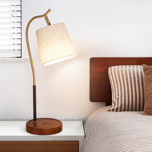Barrel Shaped Bedside Nightstand Lamp Fabric 1 Bulb Simplicity Table Light with Gooseneck Arm Dark Brown Clearhalo 'Lamps' 'Table Lamps' Lighting' 2063699