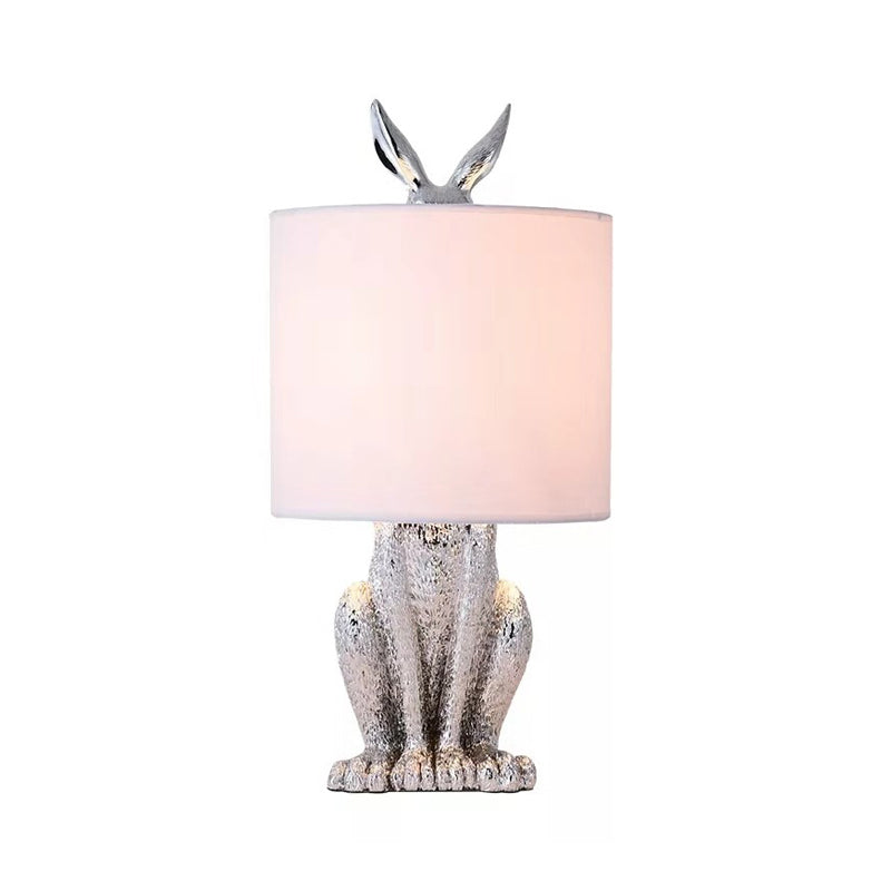 Masked Rabbit Nightstand Lamp Decorative Resin Single Bedside Table Light with Cylinder Fabric Shade Silver Clearhalo 'Lamps' 'Table Lamps' Lighting' 2063765