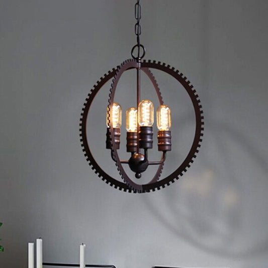 4 Lights Ceiling Light Industrial Globe Shade Metal Hanging Chandelier in Bronze for Dining Room with Gear Bronze Clearhalo 'Cast Iron' 'Ceiling Lights' 'Chandeliers' 'Industrial Chandeliers' 'Industrial' 'Metal' 'Middle Century Chandeliers' 'Rustic Chandeliers' 'Tiffany' Lighting' 206379