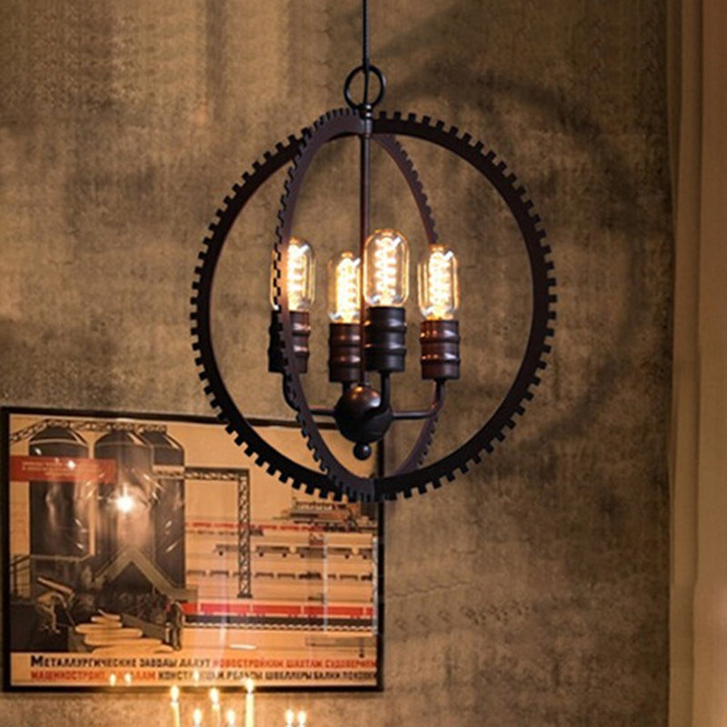 4 Lights Ceiling Light Industrial Globe Shade Metal Hanging Chandelier in Bronze for Dining Room with Gear Clearhalo 'Cast Iron' 'Ceiling Lights' 'Chandeliers' 'Industrial Chandeliers' 'Industrial' 'Metal' 'Middle Century Chandeliers' 'Rustic Chandeliers' 'Tiffany' Lighting' 206380