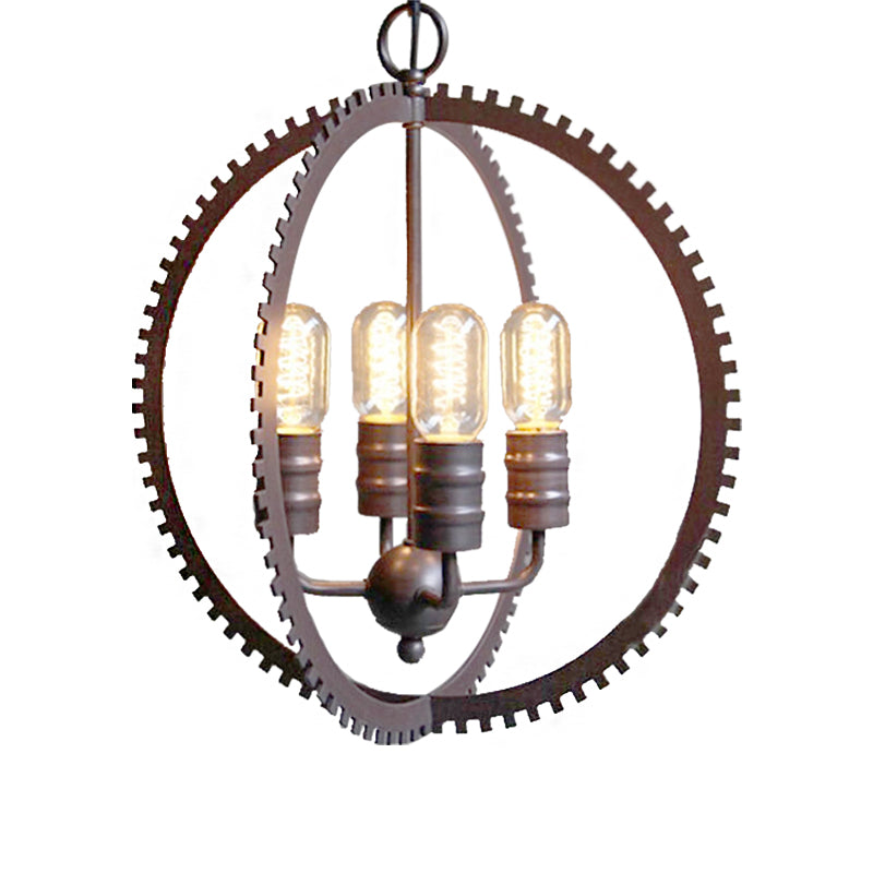 4 Lights Ceiling Light Industrial Globe Shade Metal Hanging Chandelier in Bronze for Dining Room with Gear Clearhalo 'Cast Iron' 'Ceiling Lights' 'Chandeliers' 'Industrial Chandeliers' 'Industrial' 'Metal' 'Middle Century Chandeliers' 'Rustic Chandeliers' 'Tiffany' Lighting' 206381