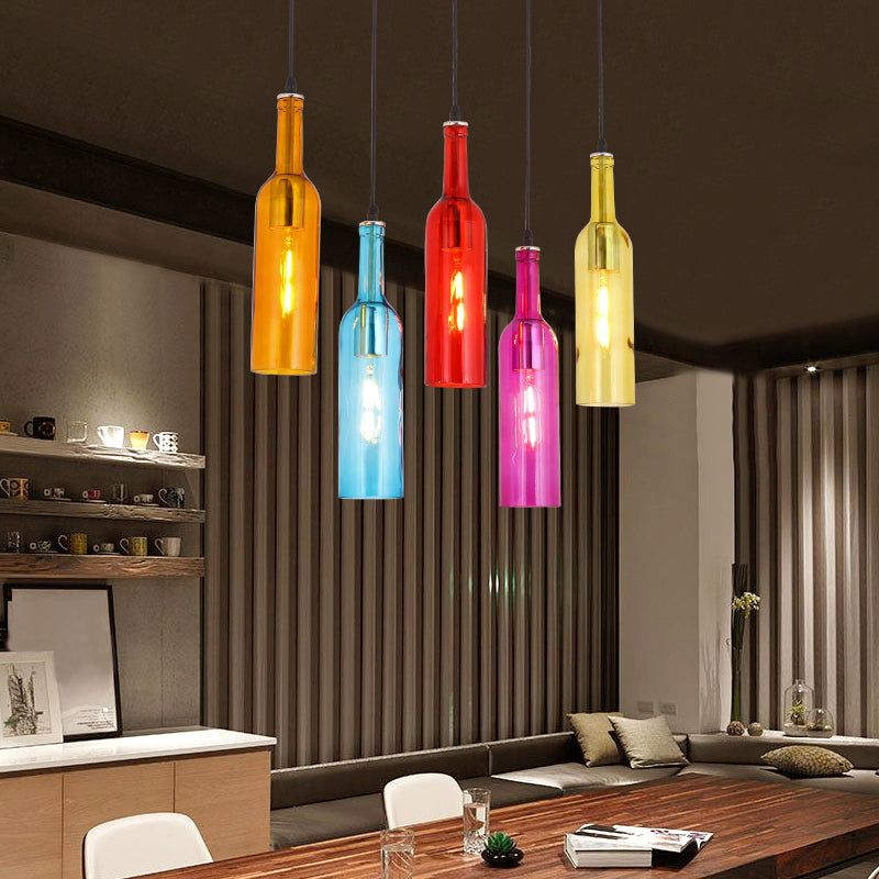 Beer Bottles Multi Ceiling Lamp Art Decor Colored Glass 5 Bulbs Restaurant Suspension Light Fixture in Red Red Clearhalo 'Ceiling Lights' 'Chandeliers' 'Glass shade' 'Glass' 'Pendant Lights' 'Pendants' Lighting' 2063819