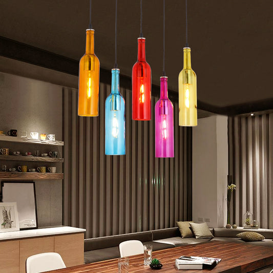 Beer Bottles Multi Ceiling Lamp Art Decor Colored Glass 5 Bulbs Restaurant Suspension Light Fixture in Red Red Clearhalo 'Ceiling Lights' 'Chandeliers' 'Glass shade' 'Glass' 'Pendant Lights' 'Pendants' Lighting' 2063819