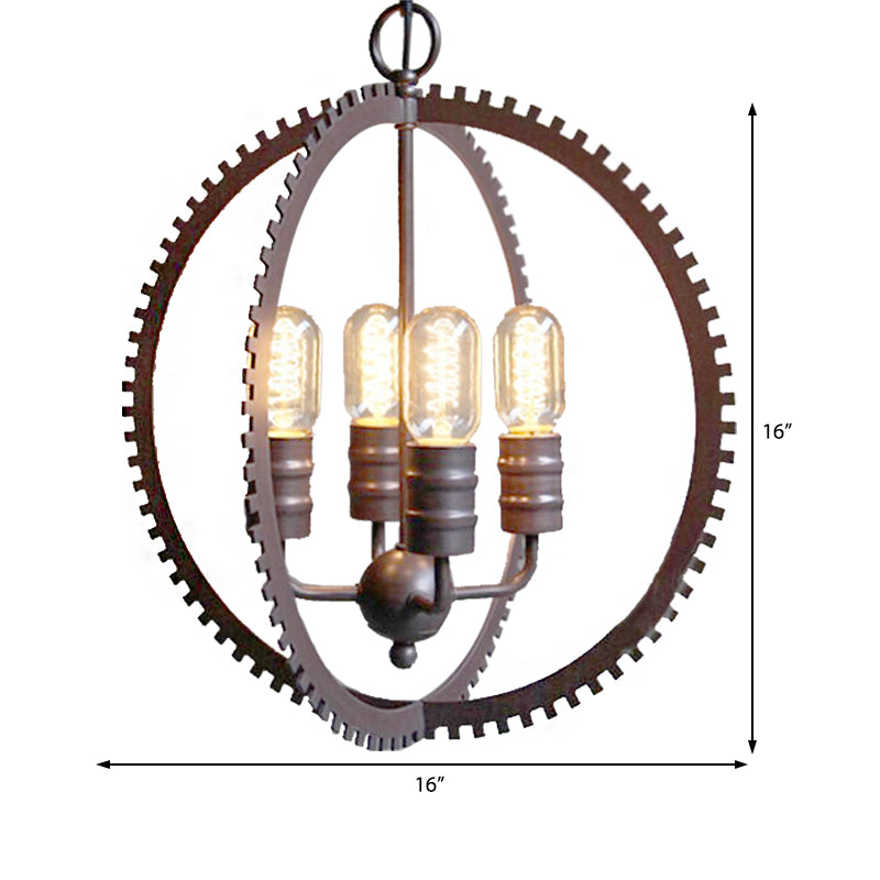 4 Lights Ceiling Light Industrial Globe Shade Metal Hanging Chandelier in Bronze for Dining Room with Gear Clearhalo 'Cast Iron' 'Ceiling Lights' 'Chandeliers' 'Industrial Chandeliers' 'Industrial' 'Metal' 'Middle Century Chandeliers' 'Rustic Chandeliers' 'Tiffany' Lighting' 206382