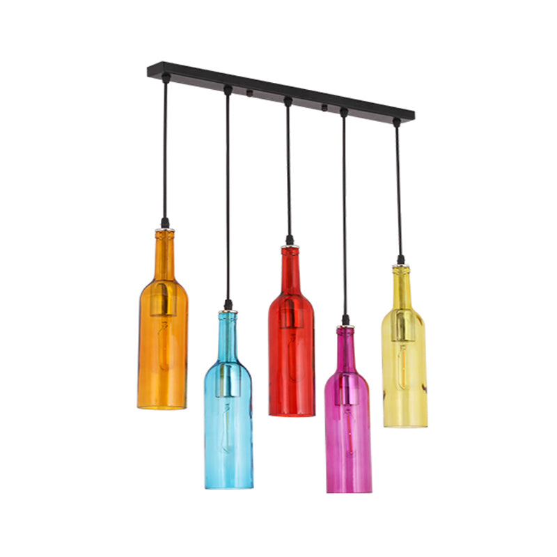 Beer Bottles Multi Ceiling Lamp Art Decor Colored Glass 5 Bulbs Restaurant Suspension Light Fixture in Red Clearhalo 'Ceiling Lights' 'Chandeliers' 'Glass shade' 'Glass' 'Pendant Lights' 'Pendants' Lighting' 2063821