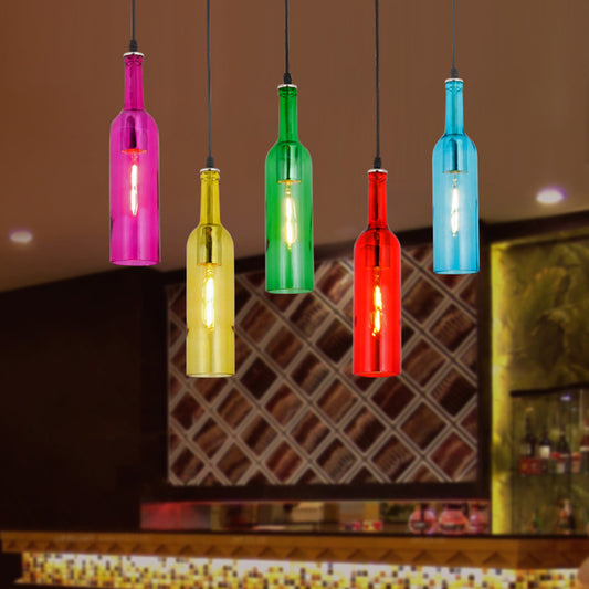 Beer Bottles Multi Ceiling Lamp Art Decor Colored Glass 5 Bulbs Restaurant Suspension Light Fixture in Red Clearhalo 'Ceiling Lights' 'Chandeliers' 'Glass shade' 'Glass' 'Pendant Lights' 'Pendants' Lighting' 2063822