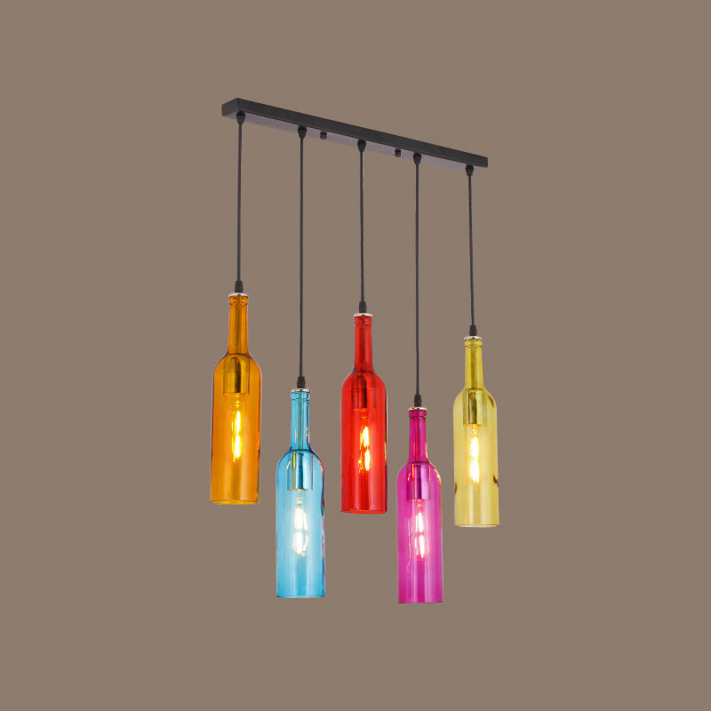 Beer Bottles Multi Ceiling Lamp Art Decor Colored Glass 5 Bulbs Restaurant Suspension Light Fixture in Red Clearhalo 'Ceiling Lights' 'Chandeliers' 'Glass shade' 'Glass' 'Pendant Lights' 'Pendants' Lighting' 2063823
