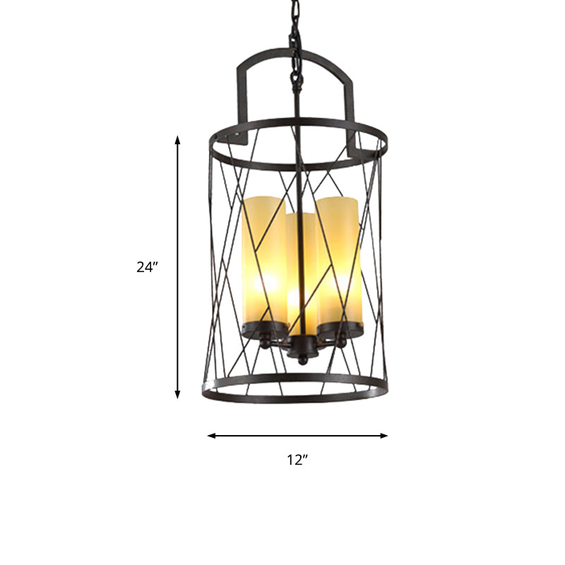 3 Light Pendant Light Traditional Cylinder Beige Glass Hanging Chandelier in Black Clearhalo 'Ceiling Lights' 'Chandeliers' Lighting' options 206386