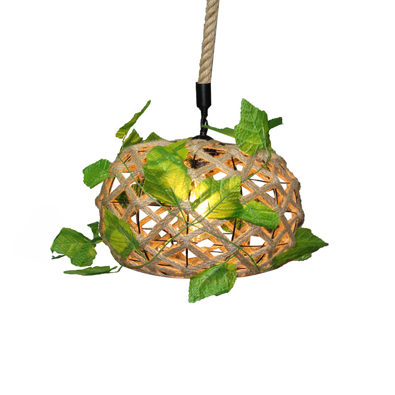 Beige Drum Ceiling Light Industrial Hemp Rope Single Restaurant Hanging Pendant Light with Decorative Ivy Clearhalo 'Ceiling Lights' 'Industrial Pendants' 'Industrial' 'Middle Century Pendants' 'Pendant Lights' 'Pendants' 'Tiffany' Lighting' 2063881