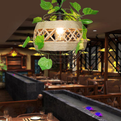 ceiling plant hanger bar 1-Light Iron Plant Hanging Lamp Vintage Beige Globe Restaurant Lighting Pendant with Rope Detail