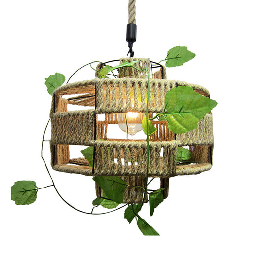 Lantern Shaped Restaurant Pendant Light Antique Hemp Rope 1-Light Beige Hanging Light Fixture with Artificial Ivy Clearhalo 'Ceiling Lights' 'Industrial Pendants' 'Industrial' 'Middle Century Pendants' 'Pendant Lights' 'Pendants' 'Tiffany' Lighting' 2063891