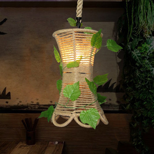Beige 1 Bulb Hanging Light Rustic Natural Rope Flared Pendant Light Fixture with Artificial Ivy Clearhalo 'Ceiling Lights' 'Lighting' 'Pendant Lights' 2063893_05388816-88c6-4dde-8cf8-22f876663f65